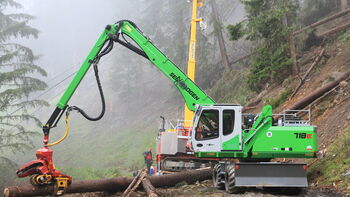 Operating on a steep slope: timber handler in cable yarding operation